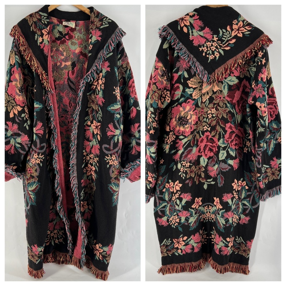 ViNtAgE! Floral Brocade Embroidered with Fringe Open Front Coat. BOHO CHIC